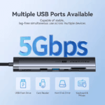Meerdere USB poorten op de Vention hub met 5Gbps snelheid voor flash drives, harde schijven, en muis of toetsenbord.