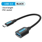 Zwarte PVC USB-C naar USB 3.0 kabel 15cm