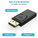 Detailopname van de vergulde DisplayPort-stekker met een kliksysteem dat losraken voorkomt en oxidatie tegengaat.