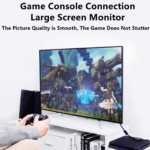 Gamer speelt op een groot scherm via console verbinding zonder beeldvertraging
