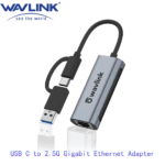 Staande weergave van de Wavlink adapter met focus op de merknaam en de hybride USB-aansluiting