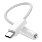 Vrijstaande witte USB-C naar 3.5mm adapter met nylon vlechting close-up