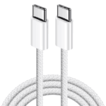 Witte USB-C oplaadkabel netjes opgerold, vooraanzicht van connectoren