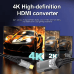 Gaming beeld van een raceauto dat het verschil in scherpte toont tussen 4K, 2K en 1K resoluties.