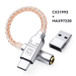 Zilveren USB-C adapter met transparante koper-zilveren kabel en specificaties van de dubbele chip