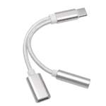 Close-up van de zilveren gevlochten kabel splitter met metalen connectoren
