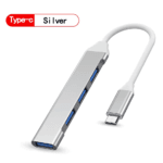 Zilveren USB-C hub met 4 blauwe USB 3.0 poorten vrijstaand