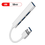 Zilverkleurige USB splitter met USB-A connector en blauwe poorten