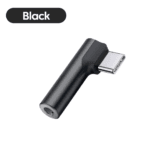 Vrijstaande zwarte 90 graden USB-C naar 3.5mm converter