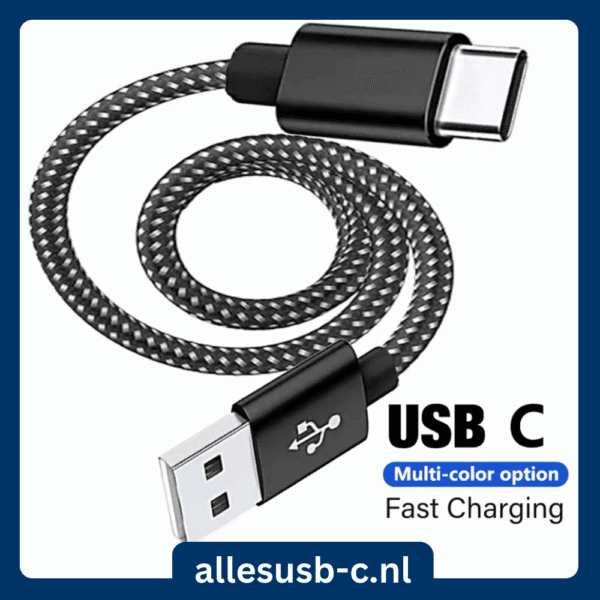 Hoofdafbeelding van de zwart gevlochten USB-A naar USB-C kabel met aluminium connectoren