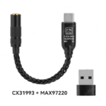 Zwarte gevlochten USB-C adapter met specificaties van CX31993 en MAX97220 versterker chips