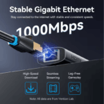 Detailopname van een netwerkkabel die in de RJ45-poort van de hub klikt, met '1000Mbps' tekst.