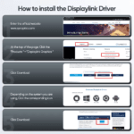 Stappenplan in 4 delen voor het downloaden en installeren van de DisplayLink-software via de officiële website.