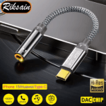 RIKSOIN USB-C naar 3.5mm jack aangesloten op iPhone 15 met Hi-Res Audio
