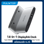 Zilverkleurig PULWTOP 14-in-1 DisplayLink docking station, compatibel met MacOS en Windows voor drie 4K 60Hz schermen.