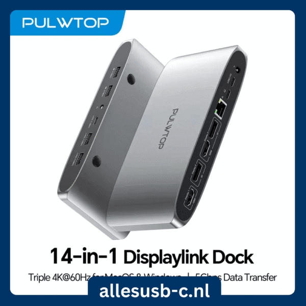 Zilverkleurig PULWTOP 14-in-1 DisplayLink docking station, compatibel met MacOS en Windows voor drie 4K 60Hz schermen.