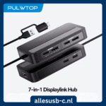 Zwarte PULWTOP 7-in-1 DisplayLink hub met dubbele HDMI en DisplayPort uitgangen en een hybride USB-C/USB-A kabel.