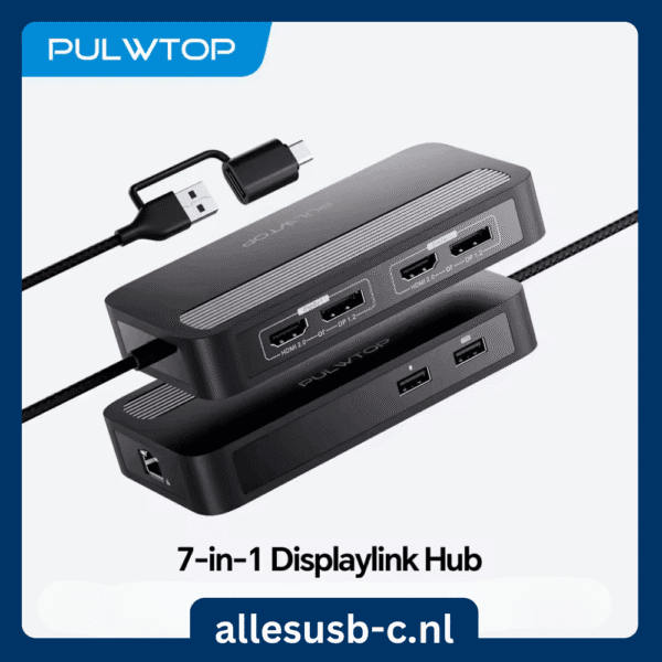 Zwarte PULWTOP 7-in-1 DisplayLink hub met dubbele HDMI en DisplayPort uitgangen en een hybride USB-C/USB-A kabel.