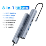 Vrijstaand beeld van het 8-in-1 model met een lijst van specificaties: 4K@60Hz, 2x USB 3.0, USB-C Data, RJ45, PD, SD en TF.