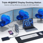 Laptop aangesloten op drie externe monitoren met 4K-resolutie via het docking station, met randapparatuur zoals toetsenbord en harde schijf.