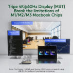MacBook met M1/M2/M3 chip verbonden met drie externe 4K-monitoren in een uitgebreide desktop-opstelling via DisplayLink MST.