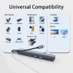 Overzicht van compatibele apparaten zoals Samsung/Huawei telefoons, laptops, monitors en randapparatuur zoals muizen en harde schijven.
