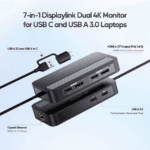 7-in-1 hub aangesloten via de USB-A adapter, met labels voor HDMI/DP uitgangen en USB 2.0 poorten.