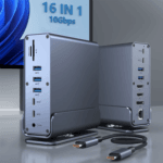 Stijlvol grijs verticaal docking station met standaard, waarop de tekst '16 IN 1 10Gbps' zichtbaar is.