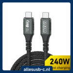 Premium grijze USB-C kabel met 40Gbps logo, 240W snelladen en 8K Ultra HD specificaties